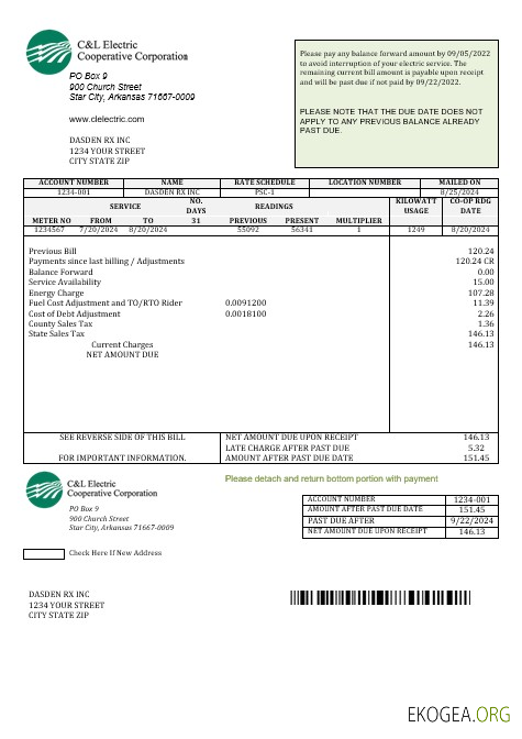 USA Arkansas C & L Electric Cooperative Corporation modèle de facture de services publics aux formats Word et PDF